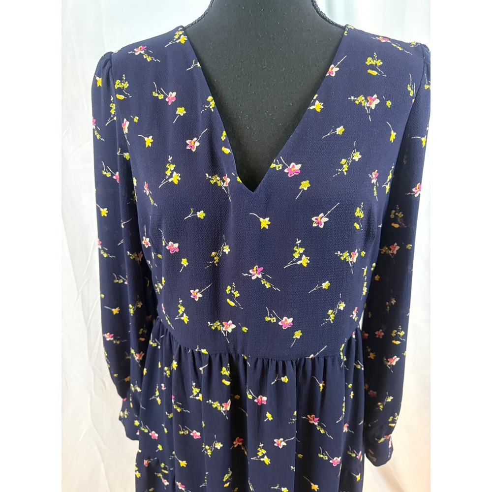Navy Blue‎ Floral Tiered Mini Dress Long Sleeve V Neck - Picture 3 of 11